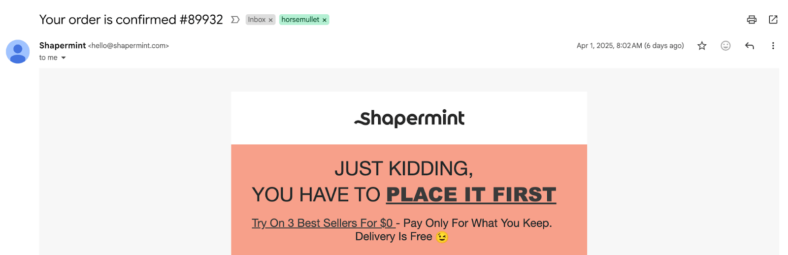 Email from Shapermint with the subject line 