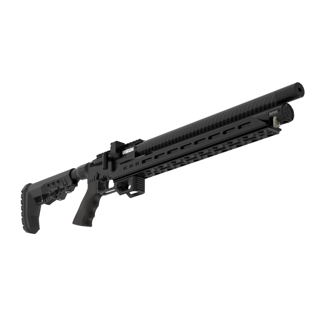 High-angle view of the Epic Vision PRS bottom rail, showing the integrated Arca-Swiss profile and textured barrier rest for positional shooting.