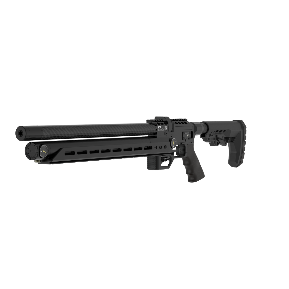 Front perspective of Epic Vision PRS air rifle highlighting the M-LOK slots, flat Arca-Swiss bottom rail, and dual pressure gauges.