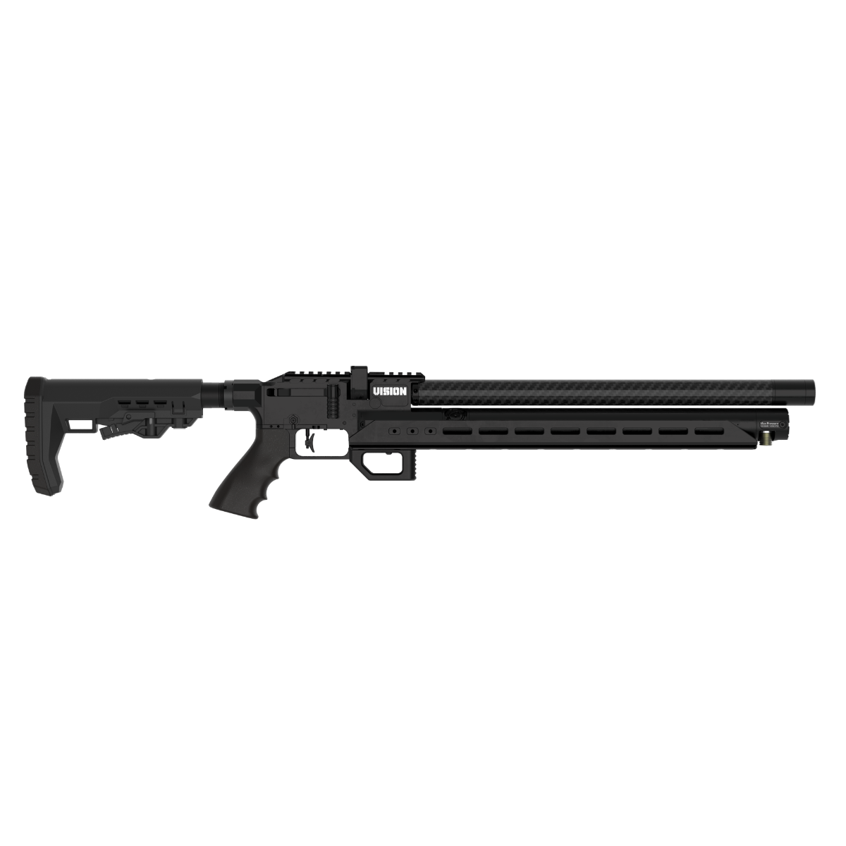 Right side view of Epic Airguns Vision PRS edition showing integrated Arca-Swiss rail, barrier rest, and 420mm CZUB barrel.