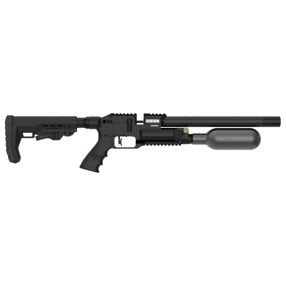 Epic Airguns Vision Bottle Edition 300mm compact PCP air rifle right side view featuring carbon fiber bottle and tactical AR-15 stock.
