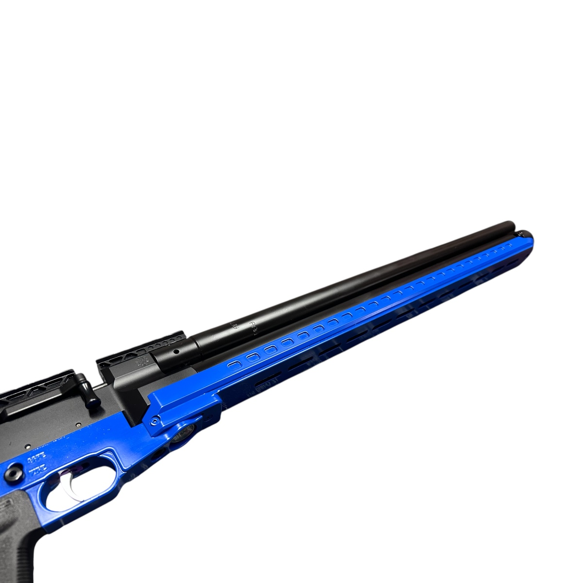 High-angle perspective showing the massive bull barrel and Gen 3 HPS valve receiver of the American Air Arms Apex.