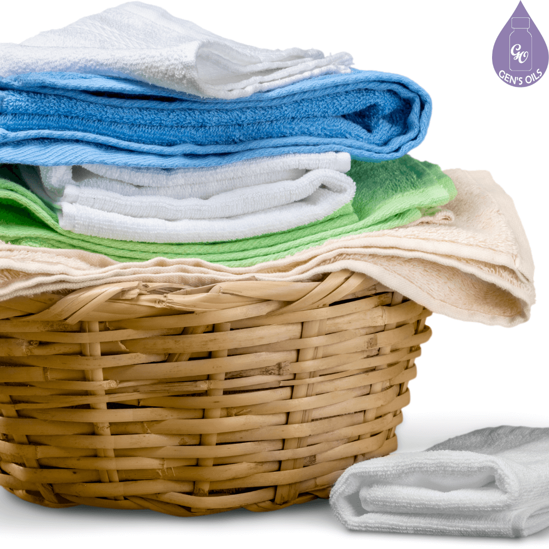 Folded towels in a wicker basket.