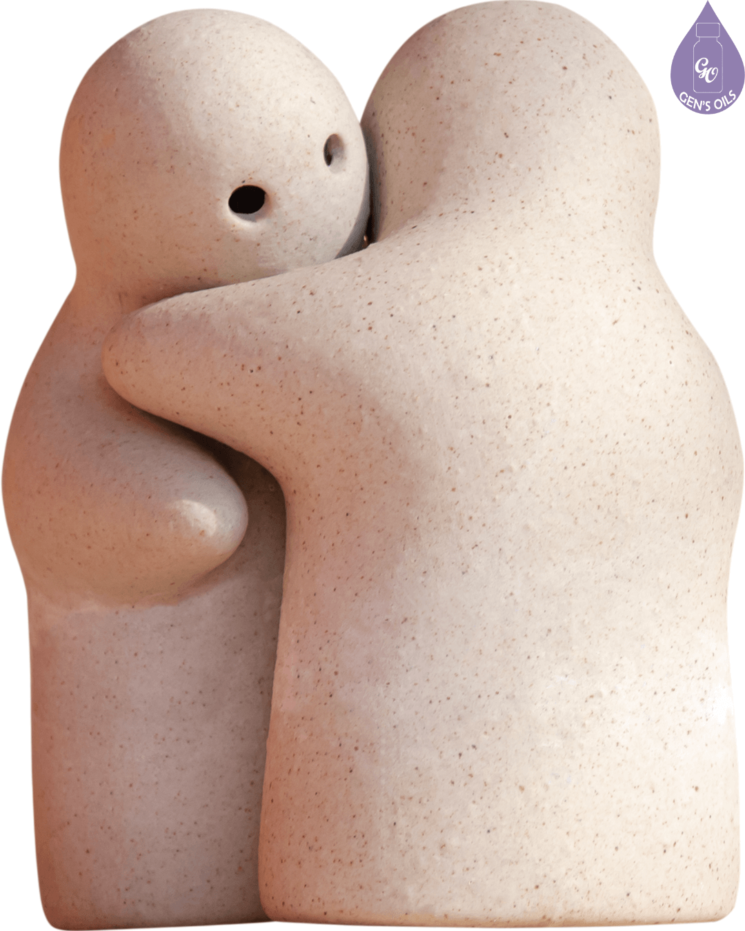 A speckled, cream-colored, abstract sculpture of two figures embracing.
