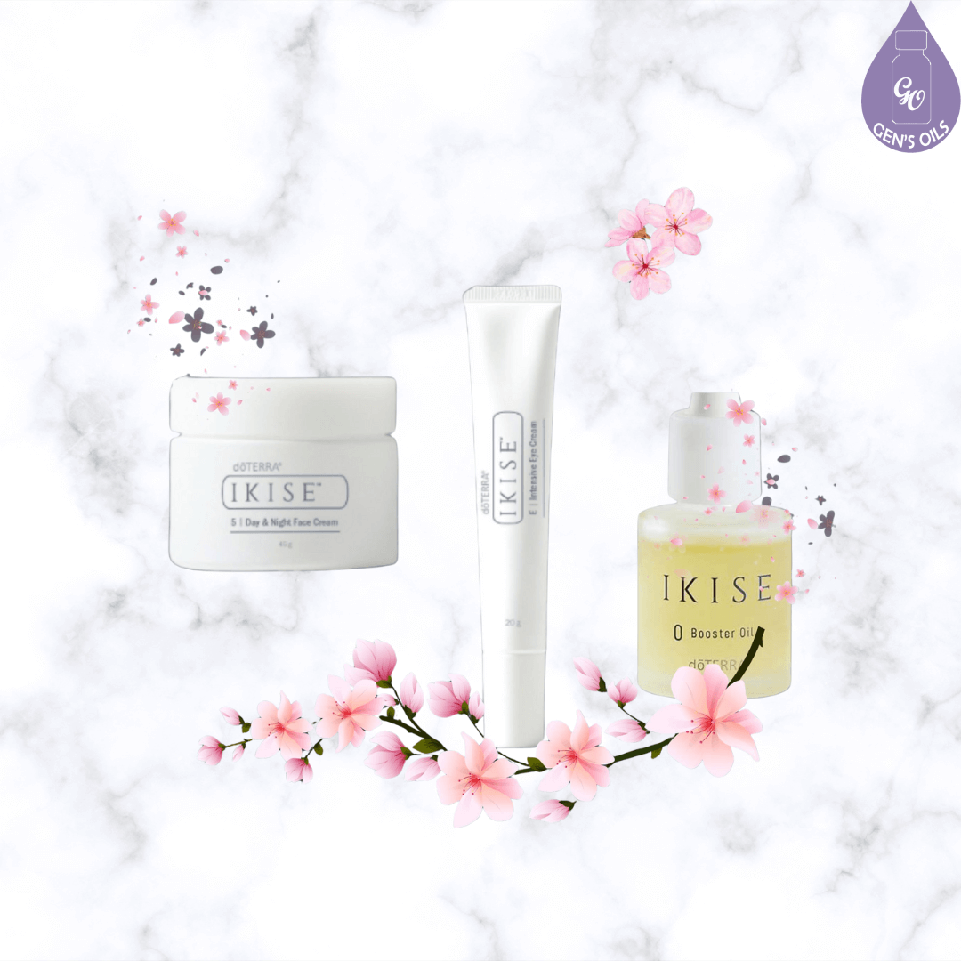 IKISE Day/Night Cream, Eye Cream & Booster Oil on a marble background with cherry blossoms.