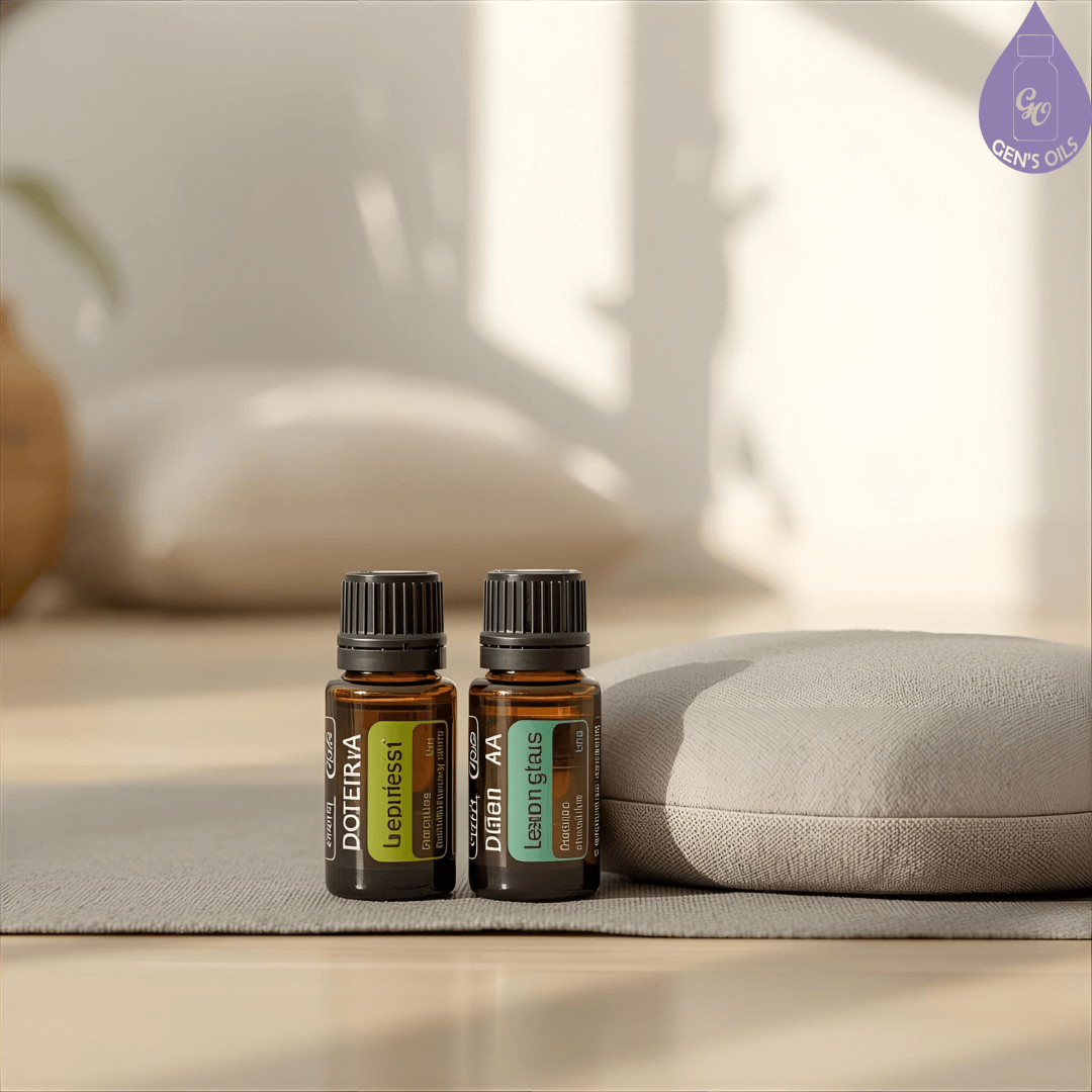 Two bottles of essential oils sit on the floor next to a meditation cushion.