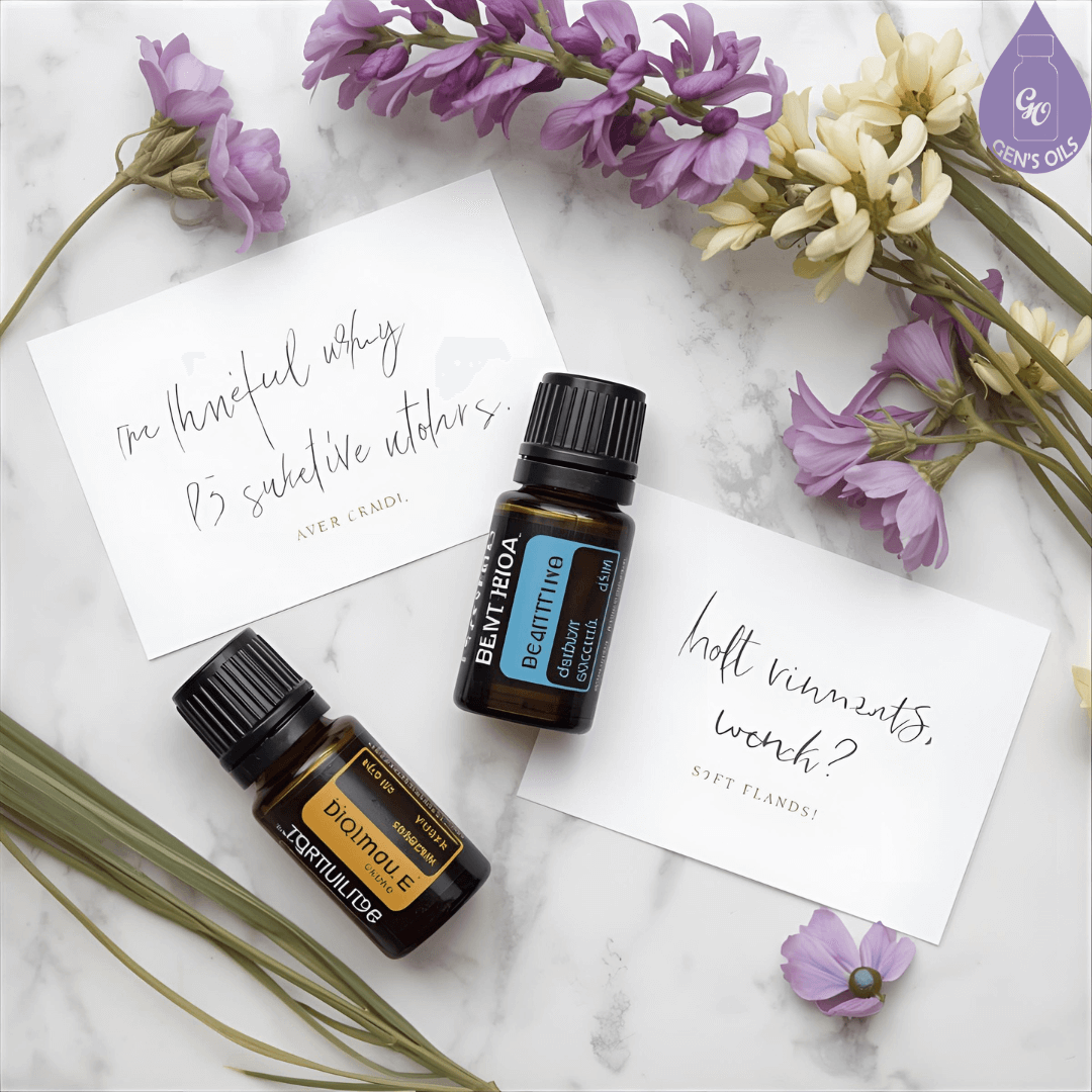 Two bottles of essential oils with affirmation cards & sprigs of flowers.