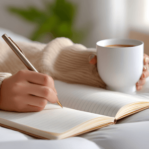 “Woman journaling with a warm drink, reflecting and releasing emotional tension during a wellbeing reset session.”