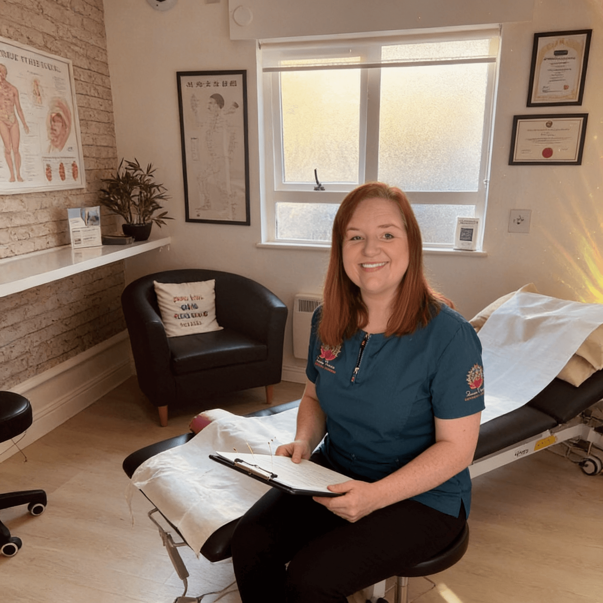 Deanna Thomas – fertility acupuncture specialist in her treatment room, Middlesbrough