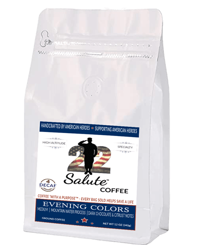 22 Salute Coffee Evening Color Decaf MWP, Medium Roast, Specialty Arabica Coffee, 12oz bag, Ground